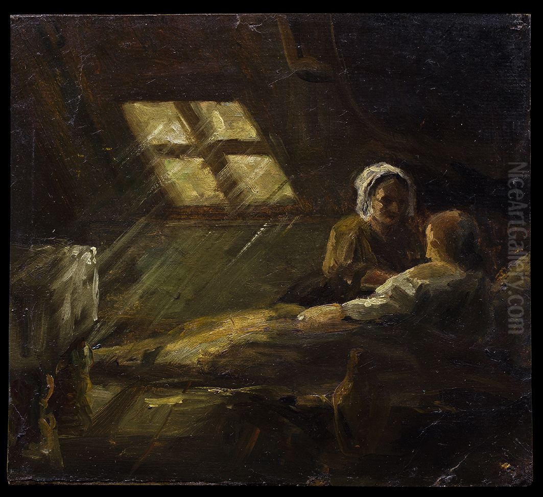 Zieke op zolderkamer, studie, Oil Painting by Jozef Israels