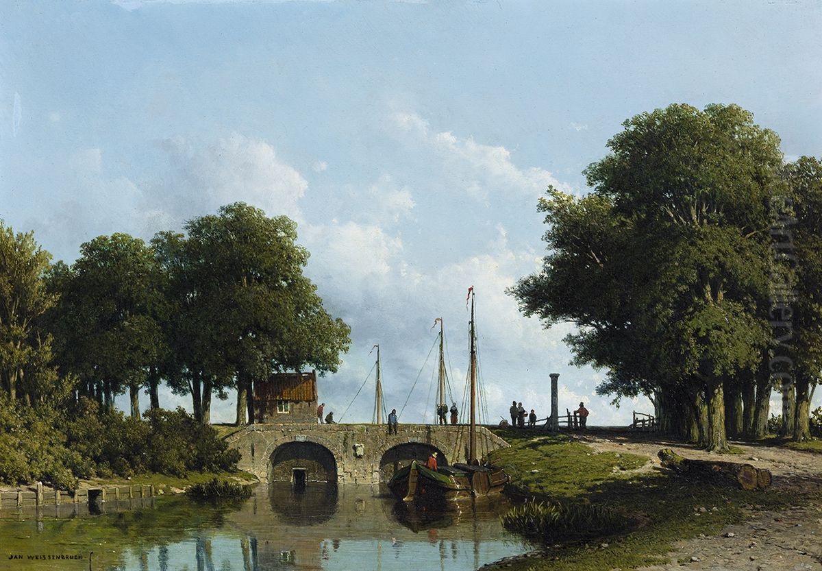 Landschap met sluis, De sluizen van de Nederwaard bij Elshout, Oil Painting by Jan Weissenbruch