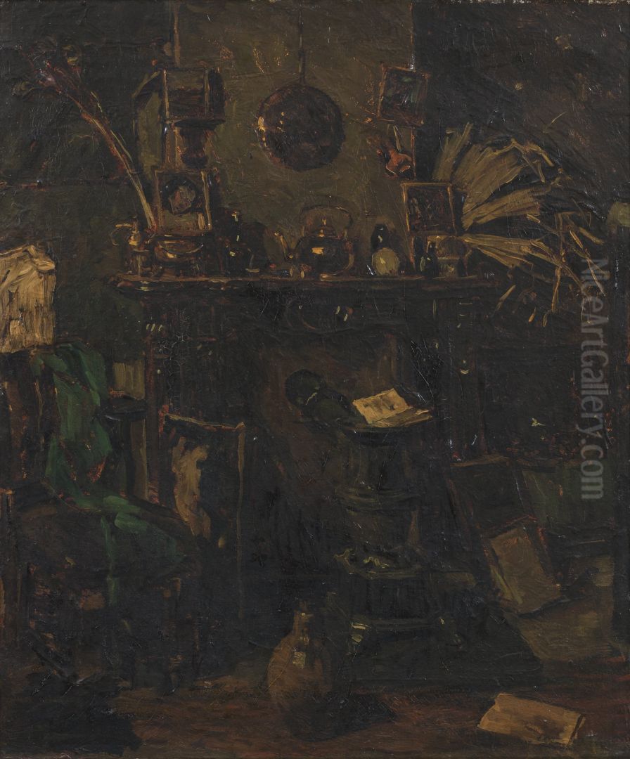 The artist's studio with mantelpiece Oil Painting by Suze Robertson