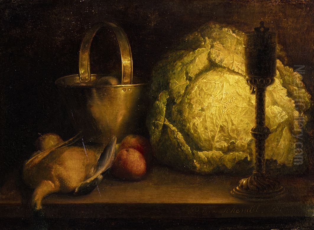 Stilleven met witte kool, koperen emmer, vogel en een tuitlamp Oil Painting by Petrus van Schendel