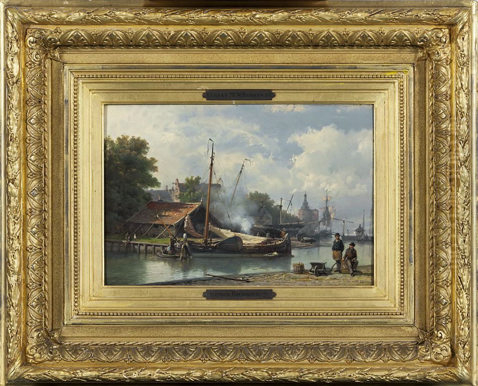 Shipyard in Enkhuizen, with in the distance Dommedaris gate Oil Painting by Hermanus Koekkoek