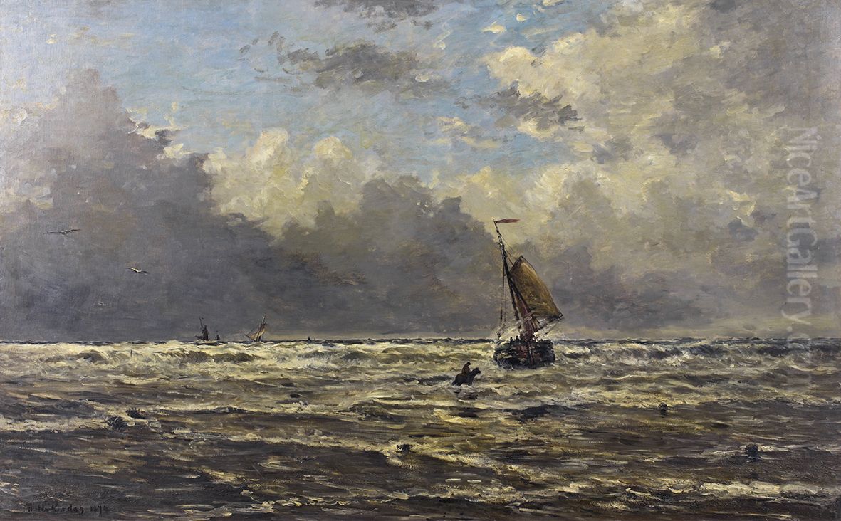Onstuimige zee met kleine boot Oil Painting by Hendrik Willem Mesdag