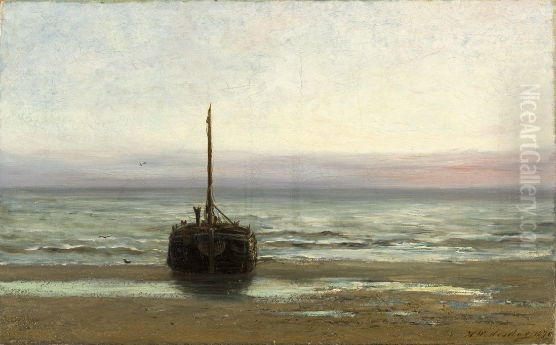 Scheepje op het strand bij ondergaande zon Oil Painting by Hendrik Willem Mesdag