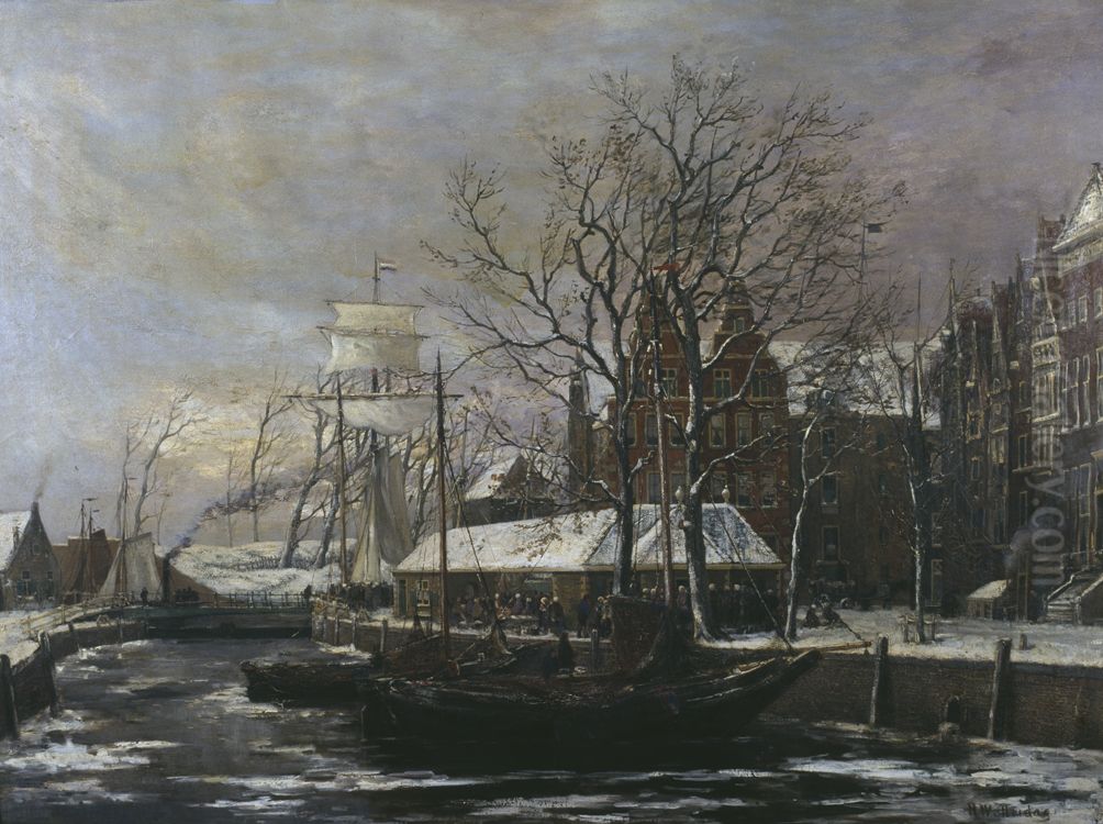 De Hoge der A met Visbanken te Groningen, De voormalige Vischbanken te Groningen bij winter, De visbanken te Groningen, 'De vischbanken te Groningen (winter)', Oil Painting by Hendrik Willem Mesdag