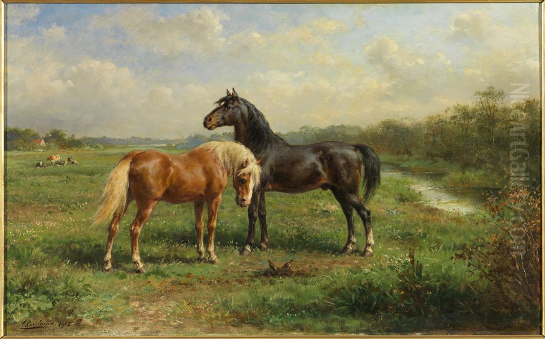 Zwarte hengst en vos in wei, Oil Painting by Otto Erelman