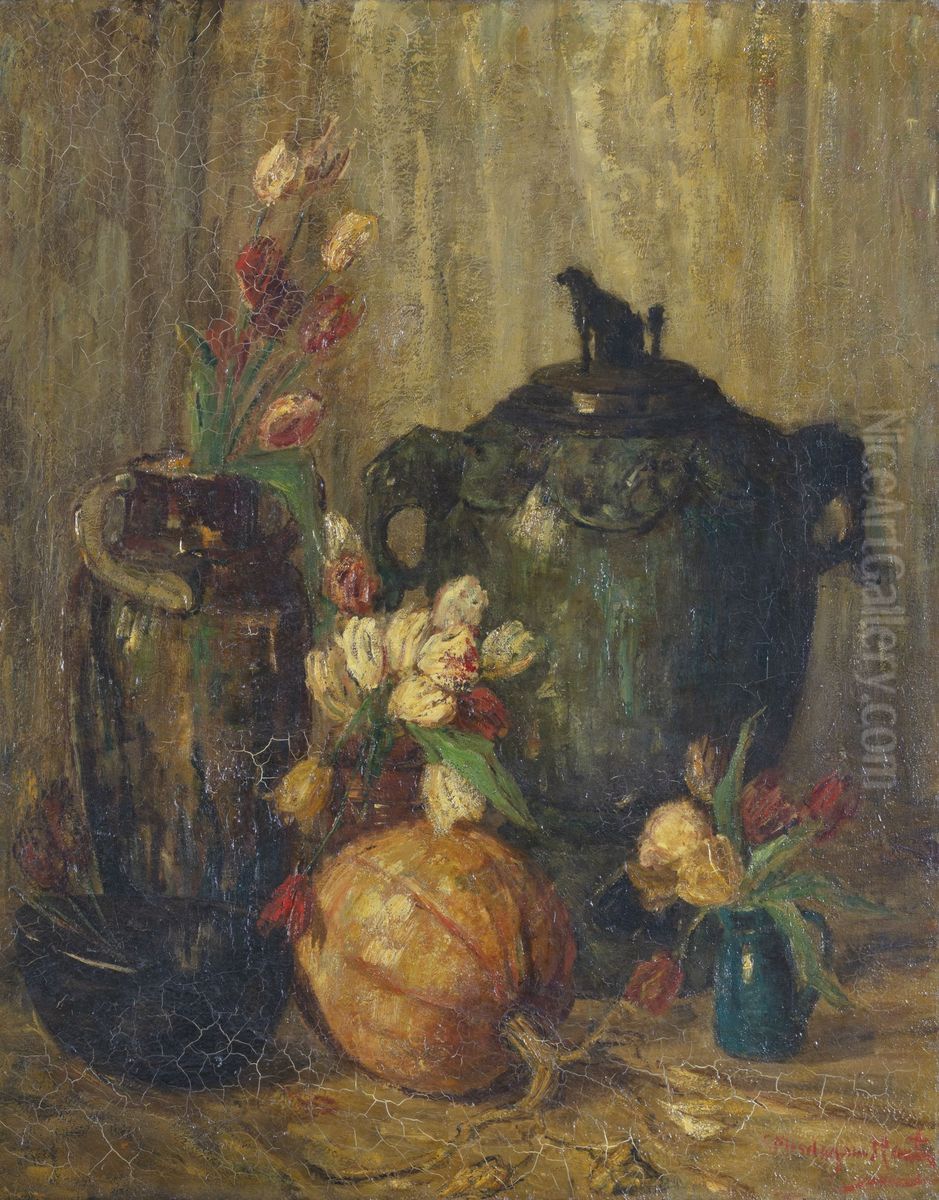 Bloemstilleven met tulpen en kalebas, Oil Painting by Sina Mesdag-van Houten