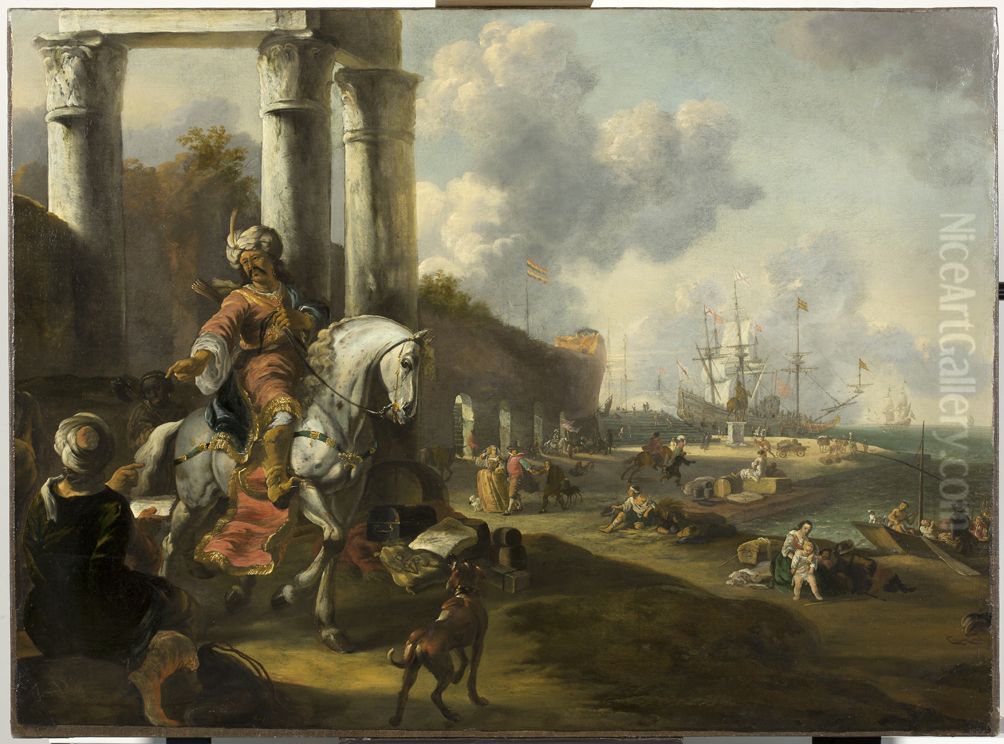 Havengezicht met ruiter in Oosterse dracht, Oil Painting by Jan Baptist Weenix