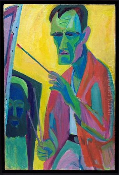 Portat eines Malers im Atelier - Selbstportrat, Oil Painting by Hermann Scherer