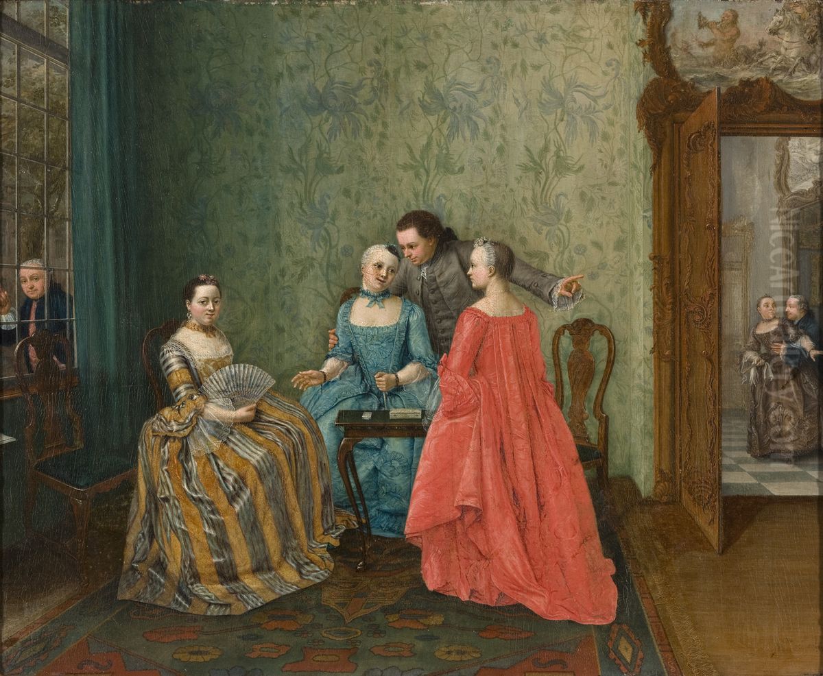 Er gebeurt iets op de gang, Een elegant gezelschap in een interieur, Oil Painting by Elisabeth Geertruida Wassenbergh