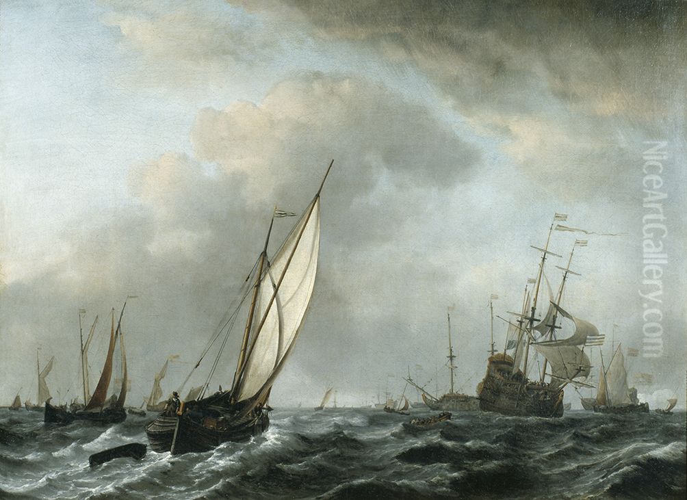 Schepen in woelig water, in de verte een oorlogsvloot Oil Painting by Willem van de Velde the Younger