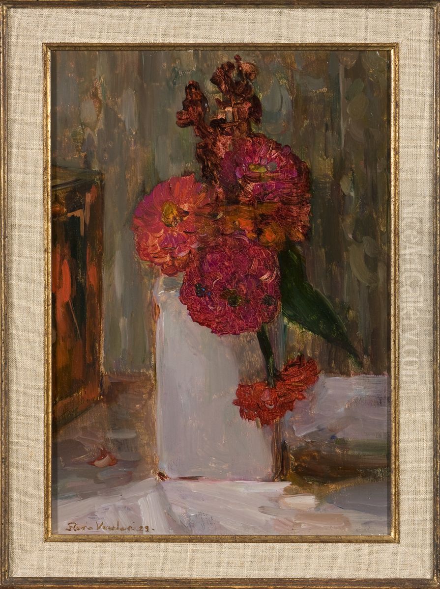 Witte Delftse vaas met zinnia's, Oil Painting by Floris Verster