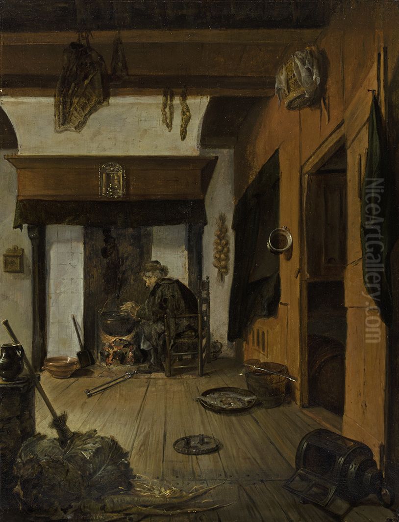 Binnenhuis met man die zich aan een haardvuur warmt Oil Painting by Esaias Boursse