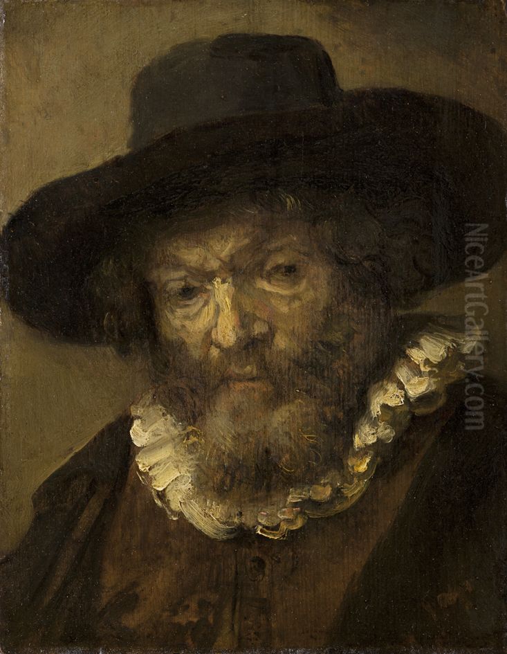 Kop van een oude man met hoed Oil Painting by Carel Fabritius