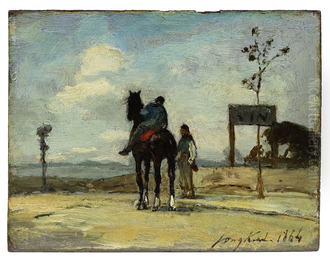 Ruiter en figuur in een landschap Oil Painting by Johan Jongkind