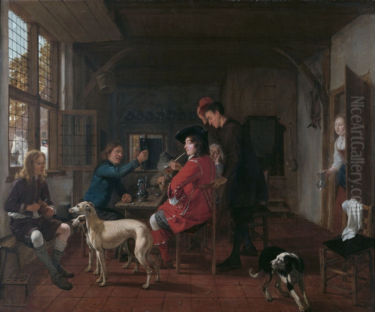 Inn with resting hunters Oil Painting by Ludolf de Jongh
