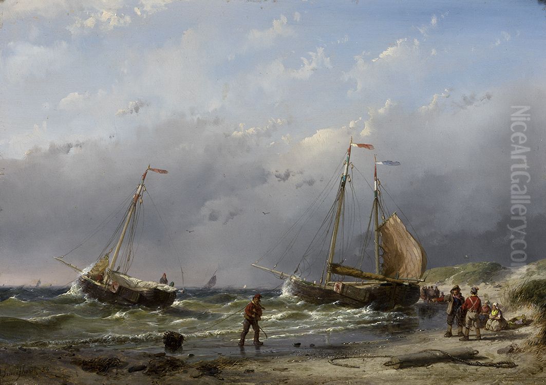 Schepen in de branding, Zeegezicht, Oil Painting by Andreas Schelfhout