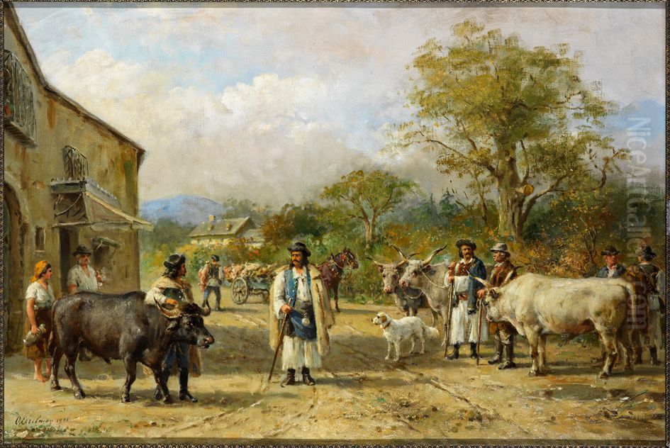 Boeren met vee op de weg naar de markt van Simmering bij Wenen, Hongaarse boeren met vee op de weg naar de markt van Simmering bij Wenen, Oil Painting by Otto Erelman