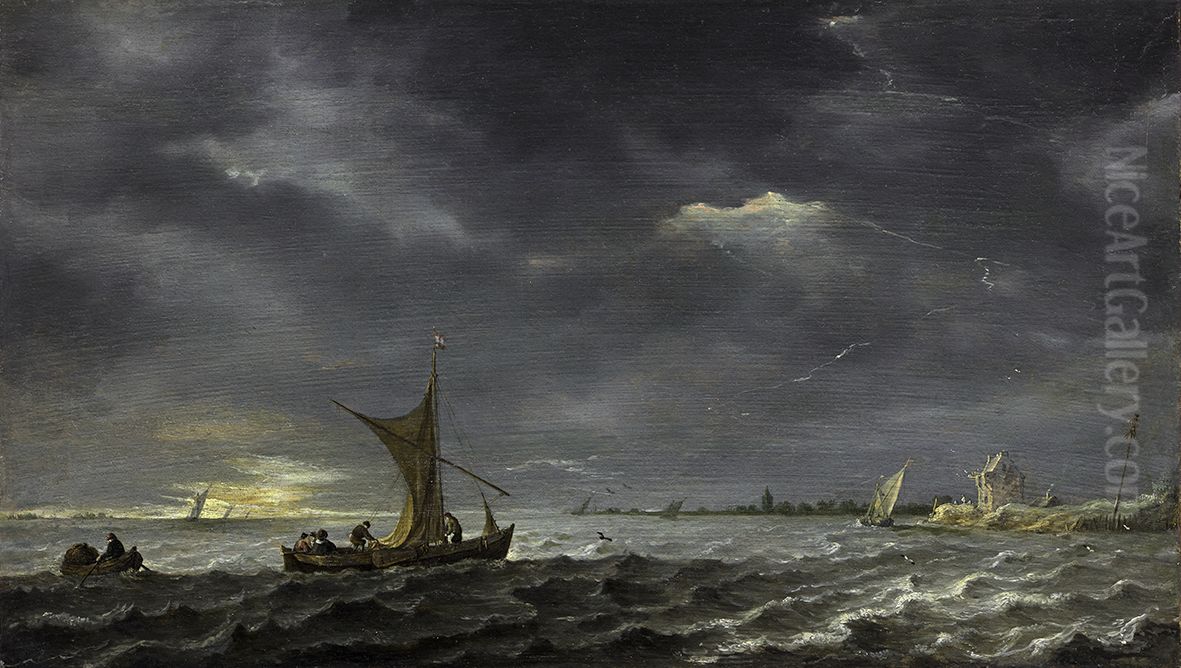 Riviergezicht bij opkomend onweer Oil Painting by Jan van Goyen
