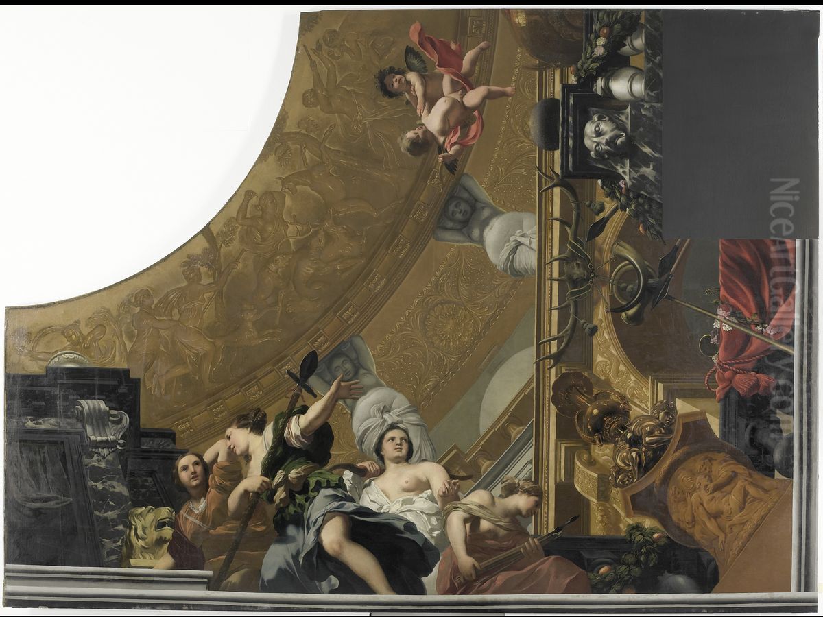 Onderdeel (rechtsonder) van een plafondschildering met als hoofdvoorstelling Diana en haar gezellinnen Oil Painting by Gerard de Lairesse