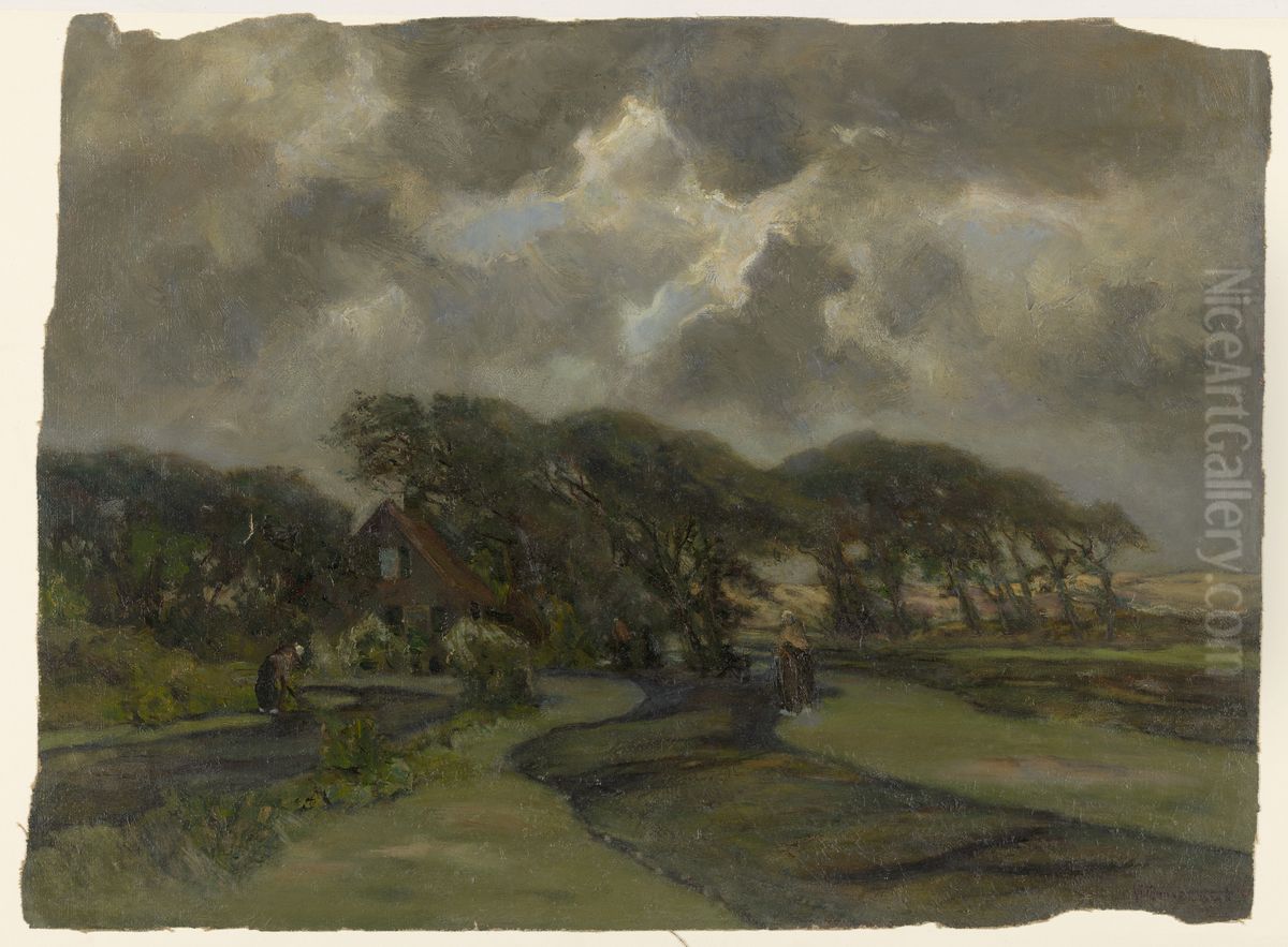 Huisje bij boomrand en vrouwen met visnetten Oil Painting by Frans Smissaert