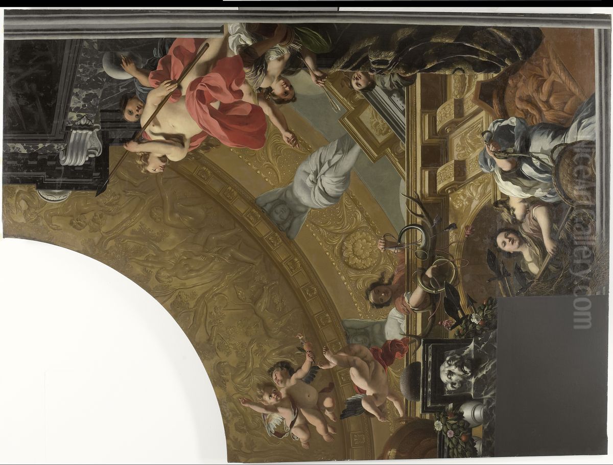 Onderdeel (rechtsboven) van een plafondschildering met als hoofdvoorstelling Diana en haar gezellinnen Oil Painting by Gerard de Lairesse