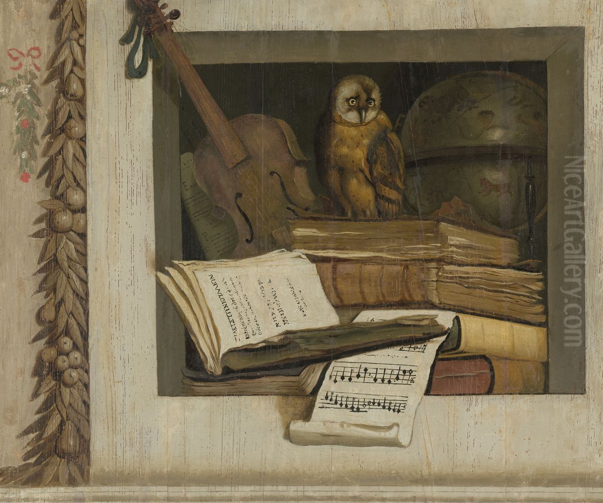Stilleven met boeken, bladmuziek, viool, hemelglobe en een uil Oil Painting by Jacob van Campen