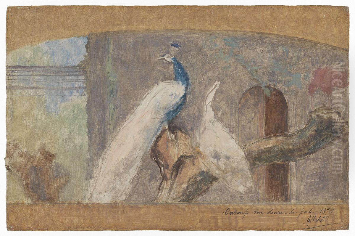 tak met pauw en andere vogels Oil Painting by August Allebe