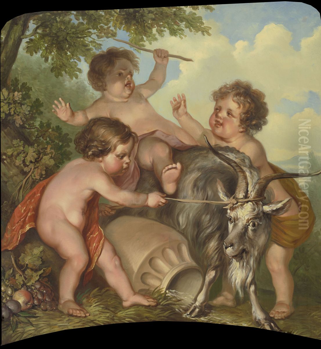 Drie kinderen spelend met een bok Oil Painting by Jurriaen Andriessen