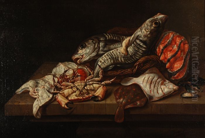 Stilleven met vissen Oil Painting by Isaac Van Duynen