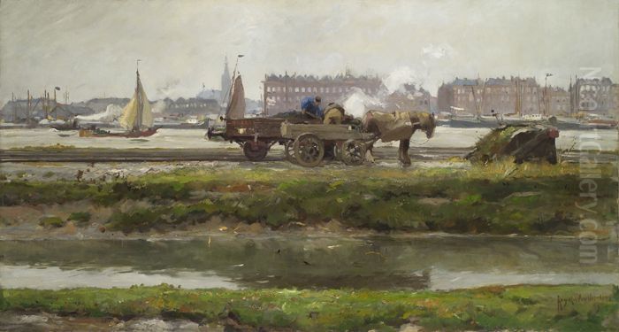 Het lossen van een treinwagon langs de Nieuwe Maas Oil Painting by August Willem van Voorden