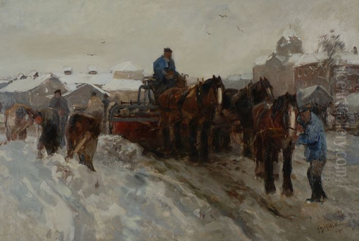 Sneeuwruimers bij het Oostplein Oil Painting by August Willem van Voorden