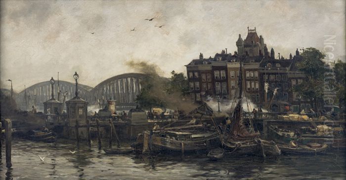 De Vierleeuwenbrug bij de Oude Haven Oil Painting by August Willem van Voorden