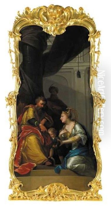 Schoorsteenstuk met voorstelling van Mozes die op de kroon van de Farao trapt (naar Flavius Josephus) Oil Painting by Dionys Van Nijmegen