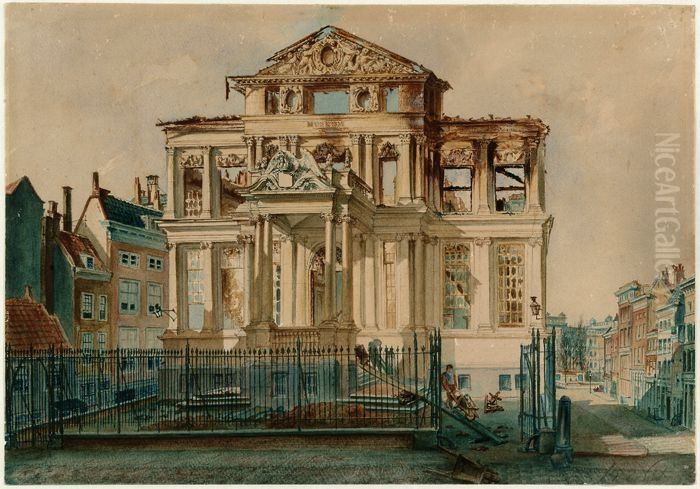 Aquarel van Het Schielandshuis na de brand van 18 februari 1864 Oil Painting by Petrus van der Velden