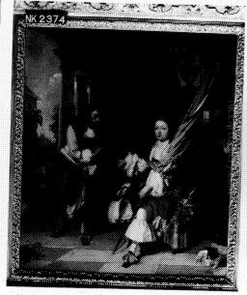 Interieur met een man die een vaandrig groet Oil Painting by Jacob Ochtervelt