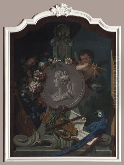 Portret van een vrouw in een setting met muziekinstrumenten Oil Painting by Elias Van Nijmegen