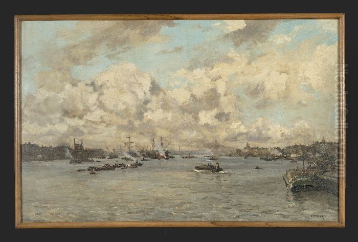 Gezicht op de Maas vanuit het oosten Oil Painting by Jan Hendrik van Mastenbroek