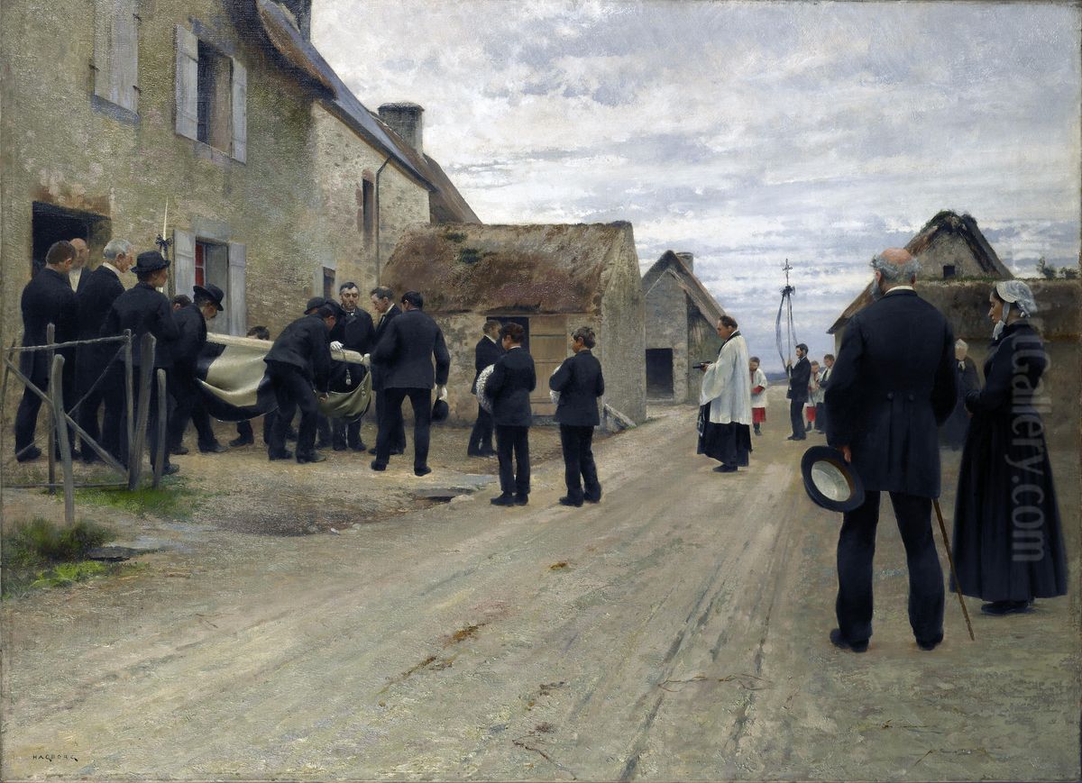 Burial of a Sailor in a Manche Village Oil Painting by August Hagborg