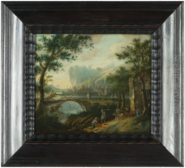 Arcadisch landschap met rivier, brug, boom, ruiter, huizen, schepen en heuvels Oil Painting by Johannes Buma