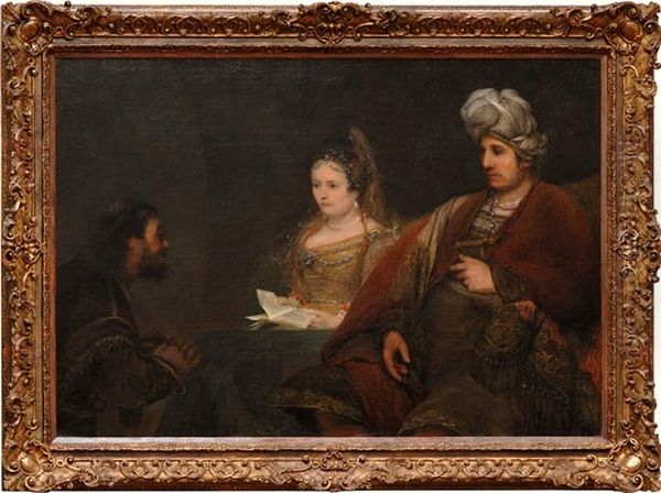 Hamas before Ahasver Oil Painting by Arent de Gelder