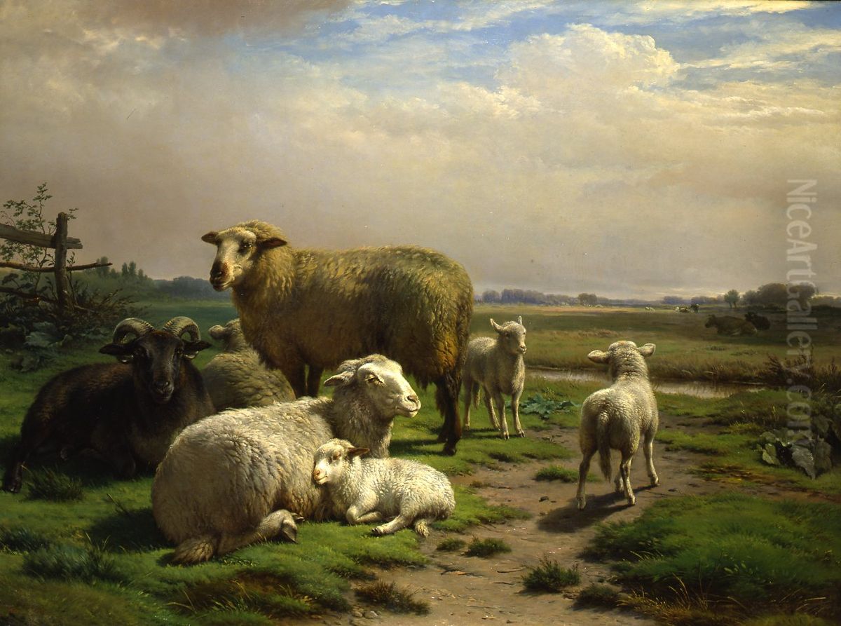 Landschap met schapen bij een hek Oil Painting by Frans Lebret