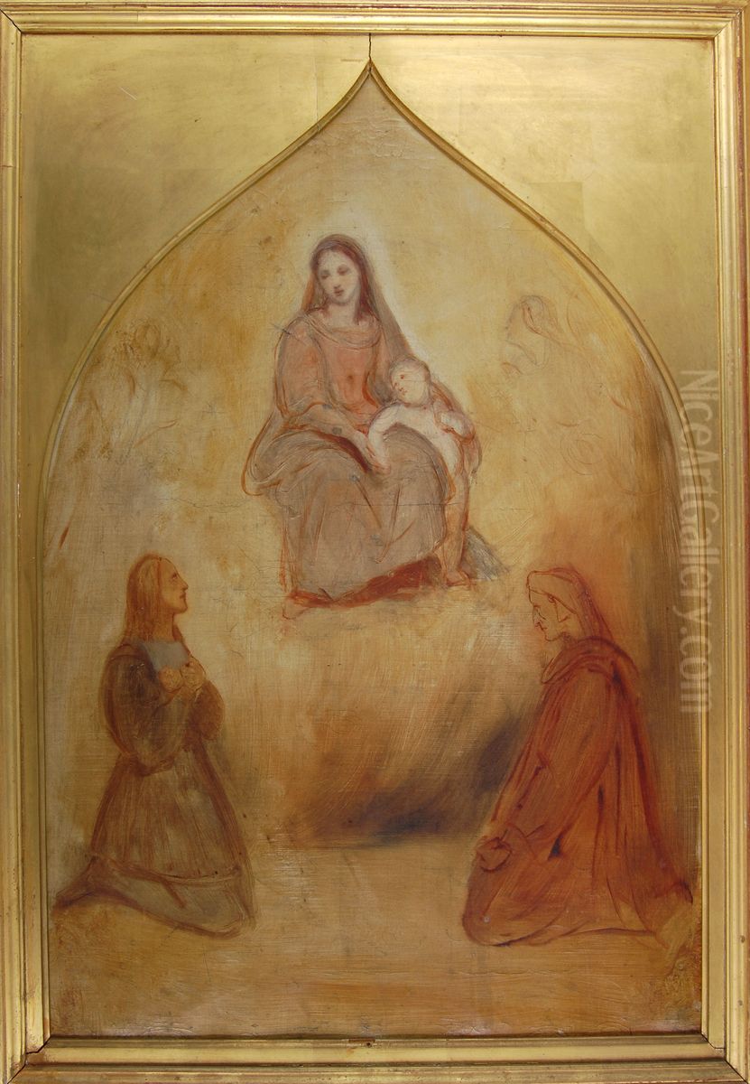 De schilder Rafael en de dichter Dante in aanbidding voor de Heilige Maagd en het kind Oil Painting by Ary Scheffer