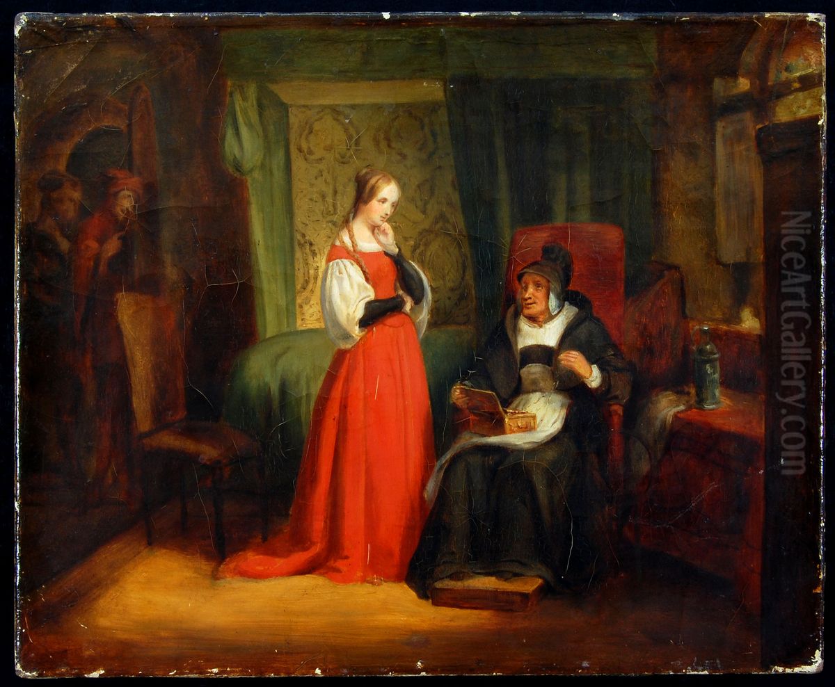 Margaretha en Martha met het juwelenkistje (Goethe, Faust 1. 10) Oil Painting by Ary Scheffer