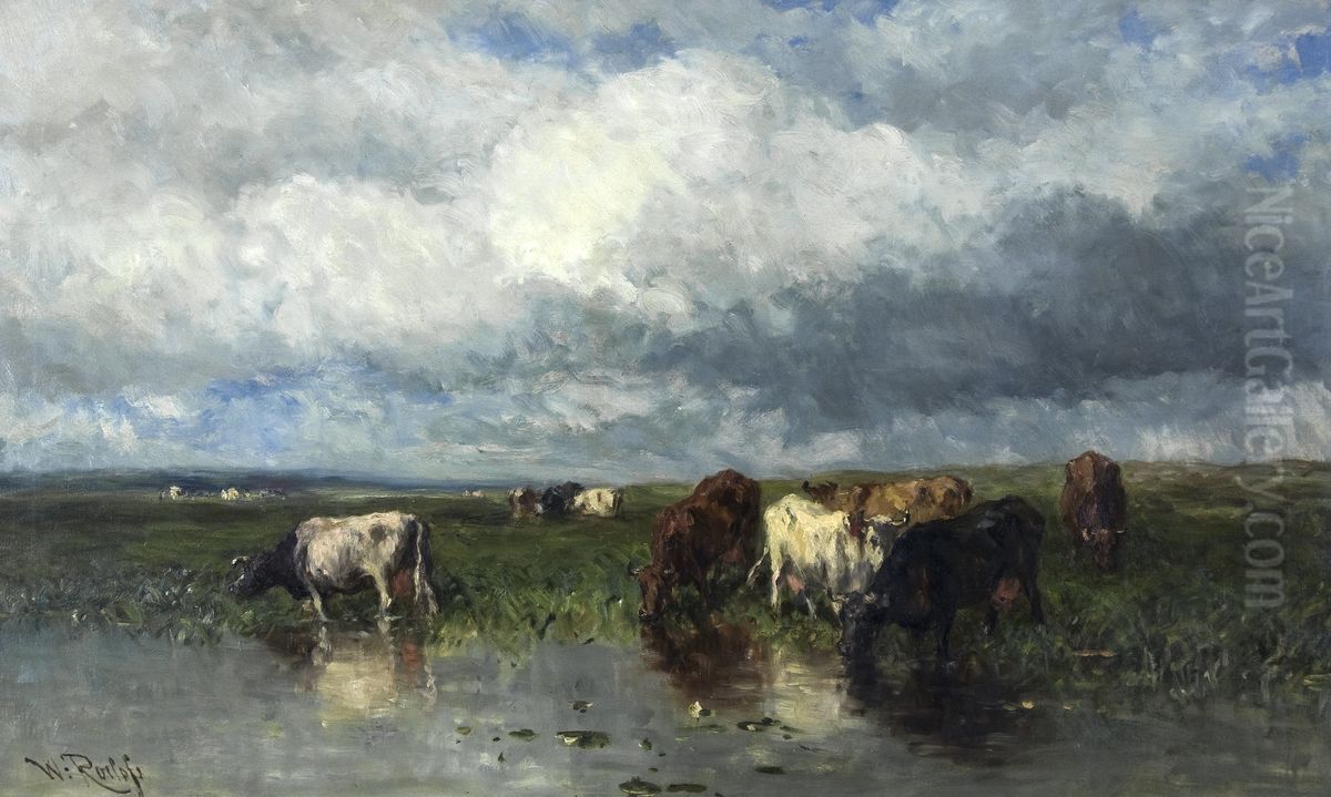 Landscape with cows at the waterfront Oil Painting by Willem Roelofs