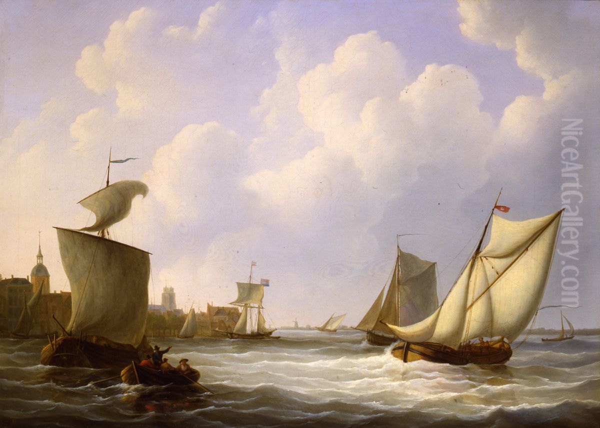 Riviergezicht bij Dordrecht met rechts op de voorgrond het beurtschip op Rotterdam Oil Painting by Martinus Schouman