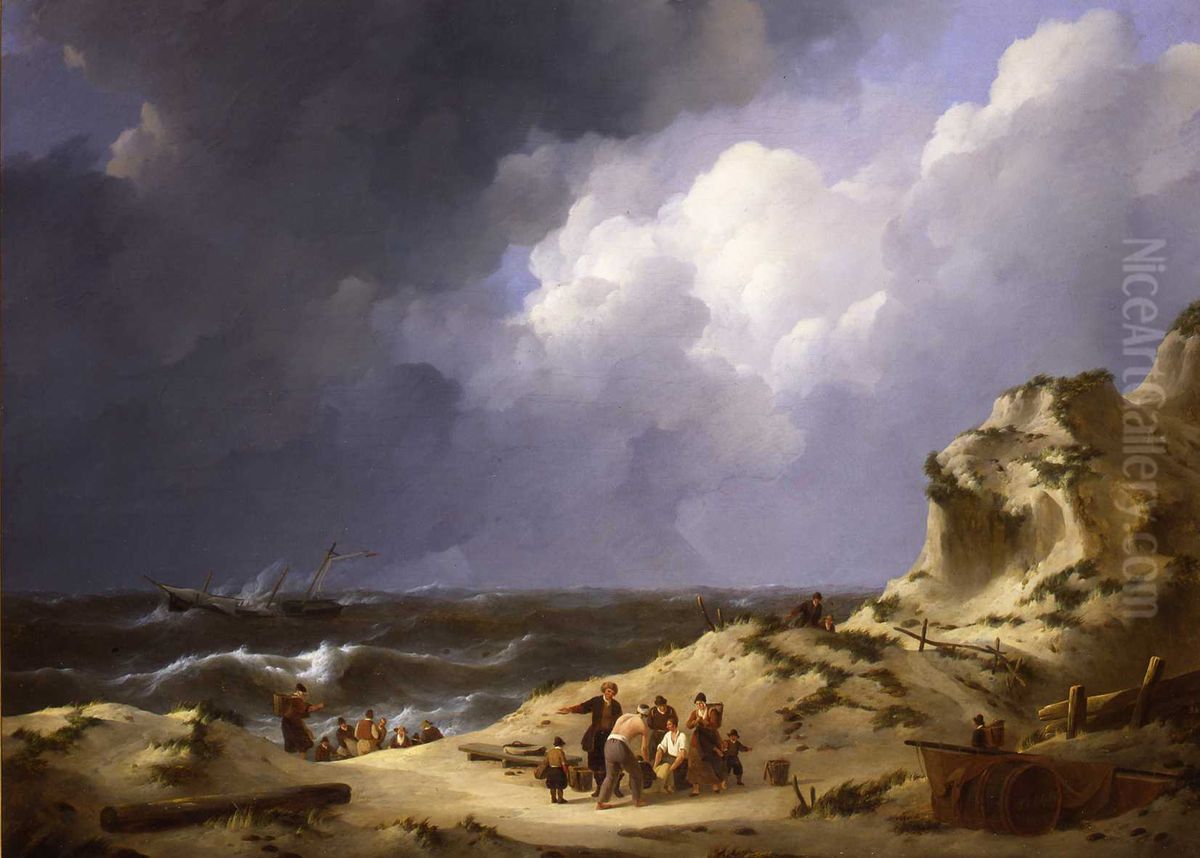 The wreckage of the three-masted Iphigenia at Zandvoort in 1816 Oil Painting by Johannes Christiaan Schotel