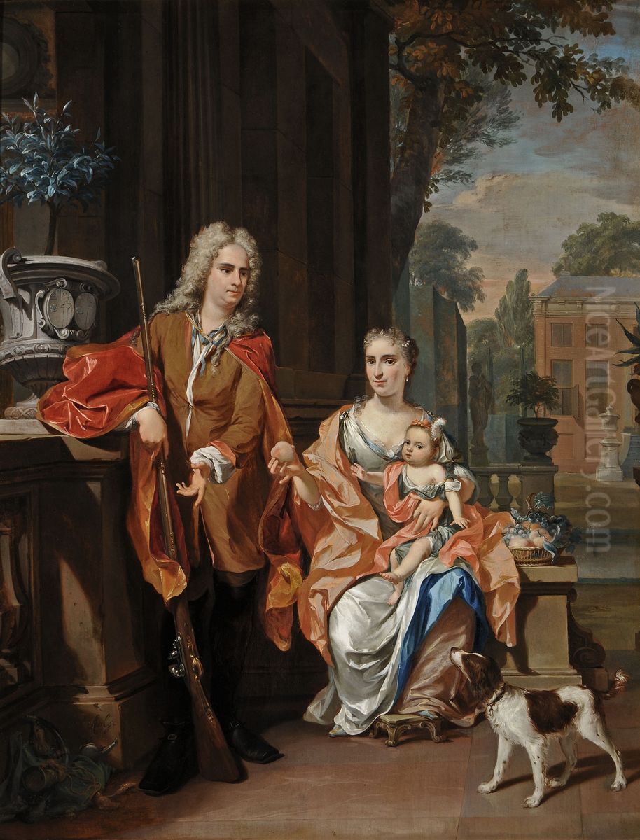 Portrait of Johan Diederik Pompe van Meerdervoort (1697-1749), Johanna Alida Pompe van Meerdervoort (1691-1744) and their daughter Maria Christina Pompe van Meerdervoort (1723-1781) Oil Painting by Nikolaas Verkolje
