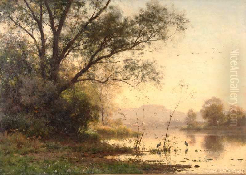 Boschgezicht met waterpartij Oil Painting by Julius van de Sande Bakhuyzen