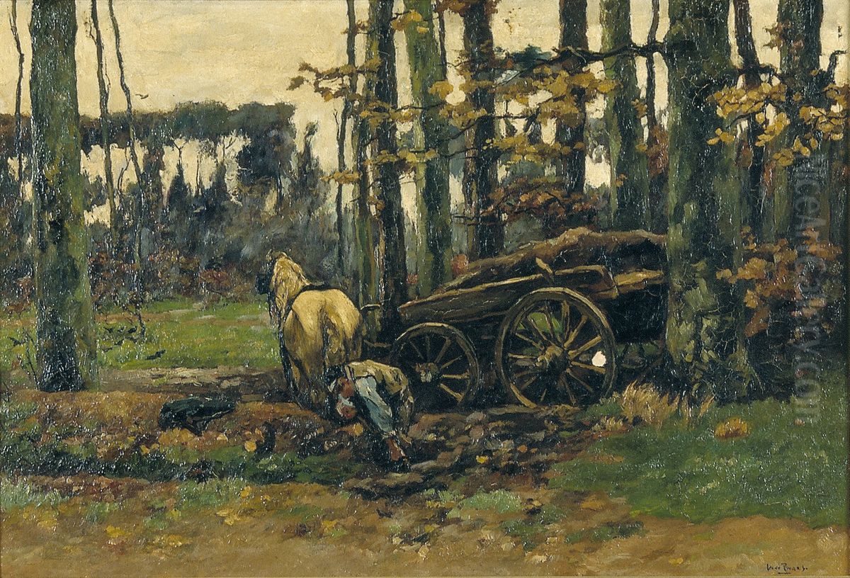 Een man die hout op een wagen aan het laden is Oil Painting by Willem de Zwart