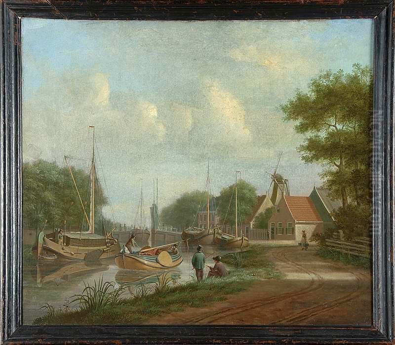 Vaartgezicht Heerenveen met klapbrug, hotel Groen (thans Vernimmen), huizen, tjalk Oil Painting by Dirk Piebes Sjollema